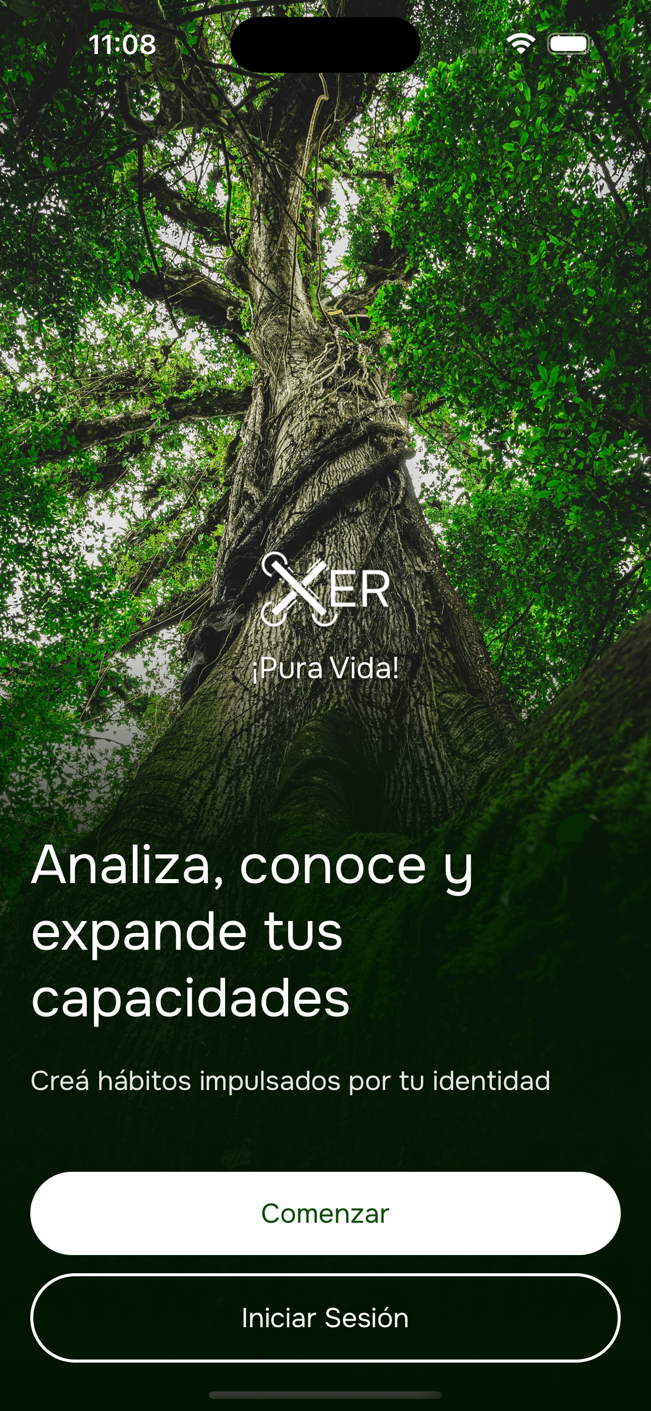 Xer app mostrando la pantalla de bienvenida con el texto 'Analiza, conoce y expande tus capacidades' y el eslogan 'Pura Vida'